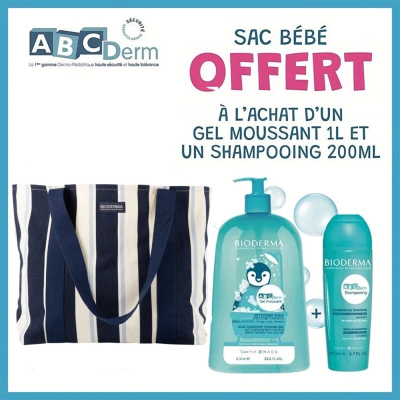 Offre : Bioderma ABCDerm Gel Moussant Nettoyant Doux 1L + Shampooing 200ml = Sac Offert