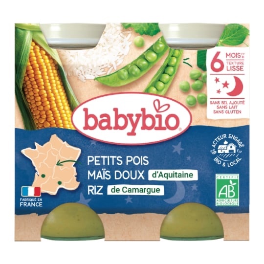 Pots Babybio dès 6 mois Petits pois Maïs Riz Bonne nuit BABYBIO