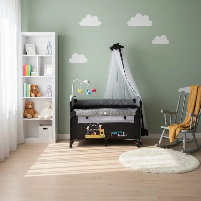 Lit parc Cododo plan à langer+mobile rotatif+voile moustiquaire